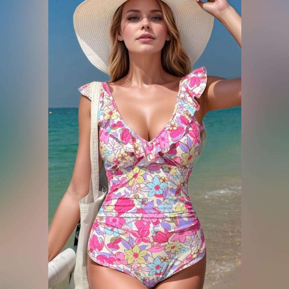 Floral Ruffle Trim Tummy Control One Piece Swimsuit